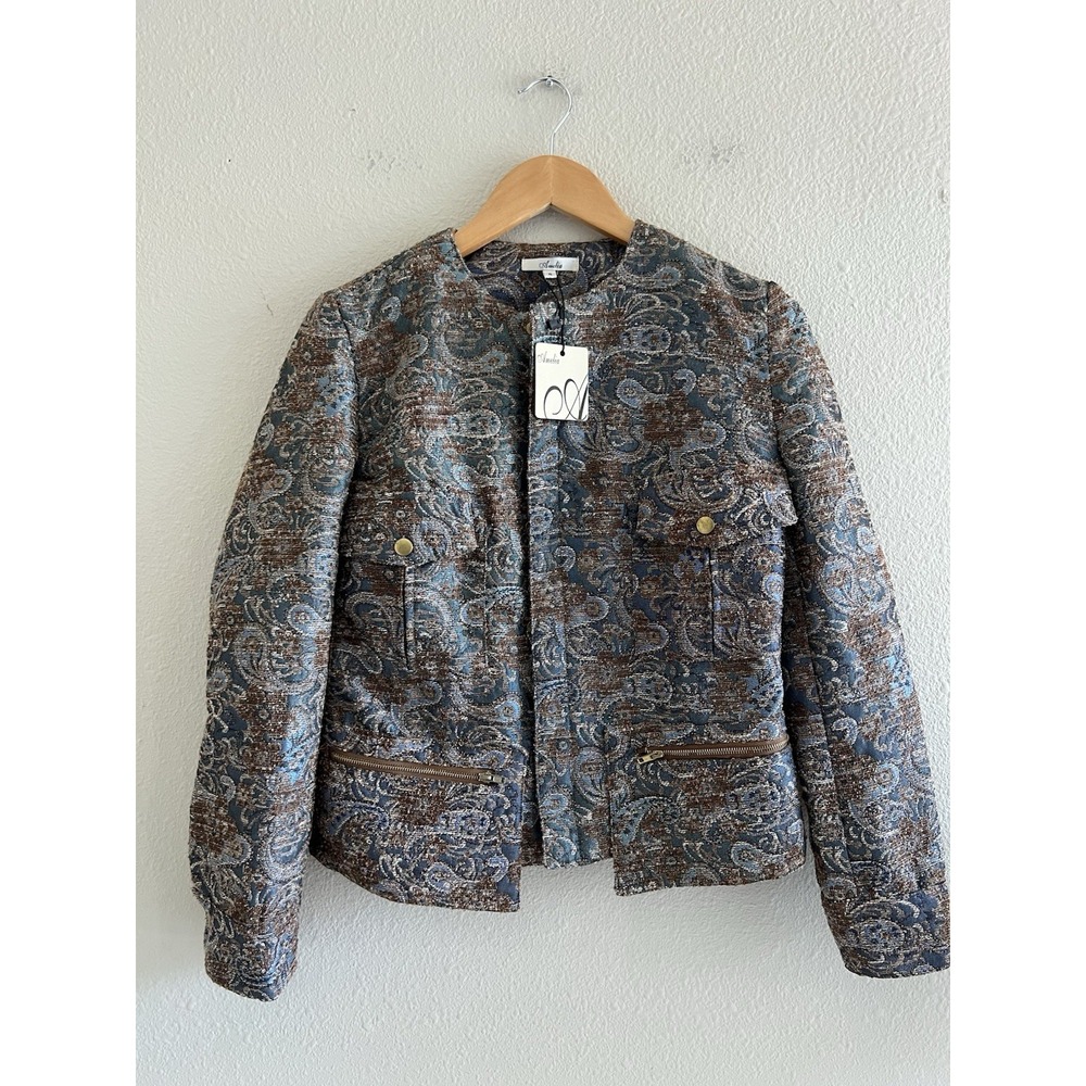 NWT Amelia NY Women's 4 Blue Tapestry Brocade Jacquard Jacket Cropped Boho
